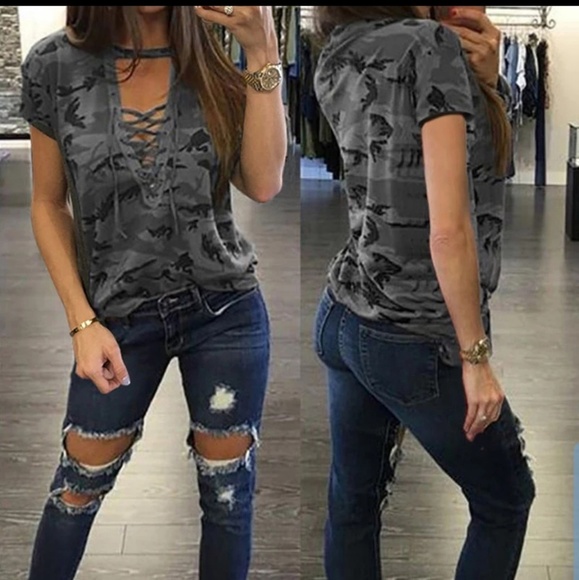 SALE! LAST ONE XL. Green Camo Lace-up Top Tee - Picture 2 of 3